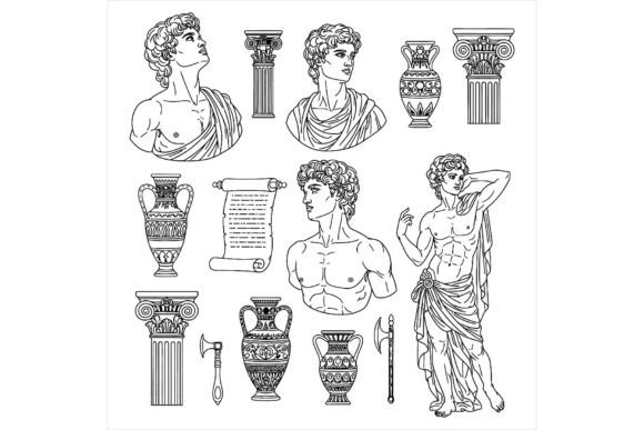 Ancient Greek Architecture & Statues Illustrations