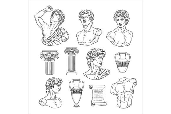 Ancient Greek Roman Statue Heads and Illustrations
