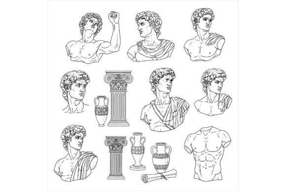 Ancient Greek Roman Statues Heads Column Illustrations