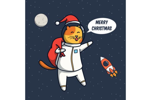 Astronaut Santa Cat Holding Gift Illustrations