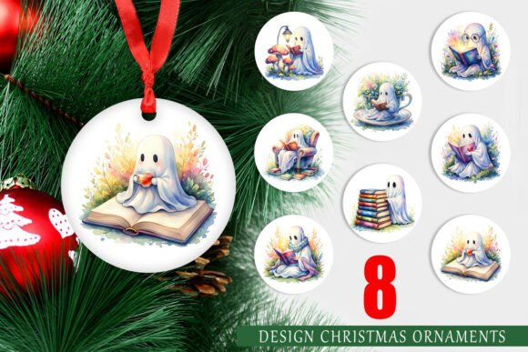 Bookworm Ghost Watercolor Ornament PNG