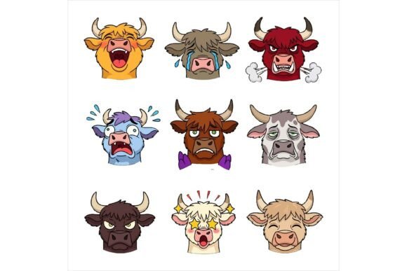 Cartoon Cows with Different Emotions Illustrations