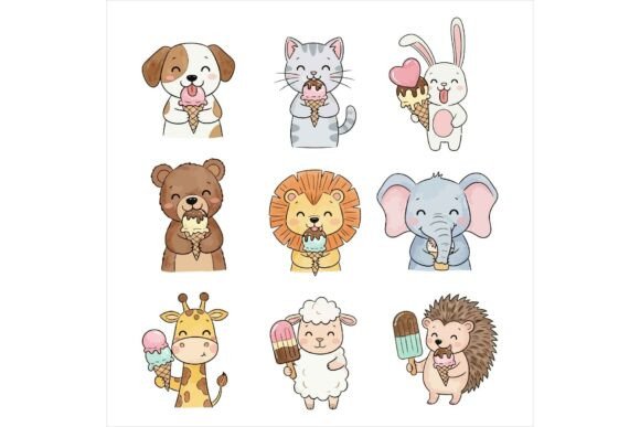 Cute Animals Enjoying Ice Cream Treats Illustrations