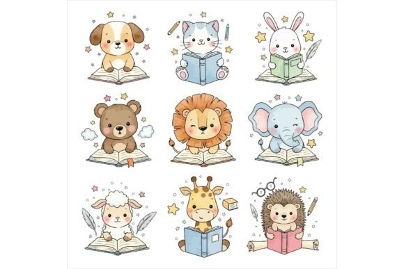 Cute Animals Reading Books Together Illustrations