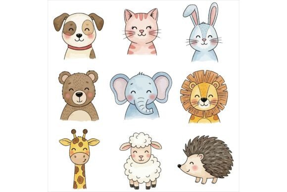 Cute Cartoon Animal Faces for Kids Illustrations