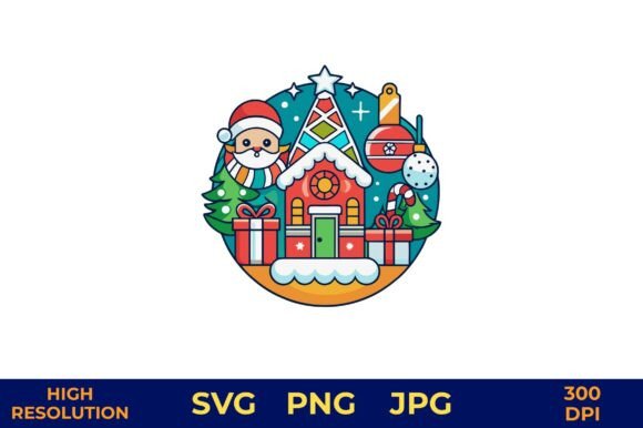Festive Holiday House with Santa Illustrations