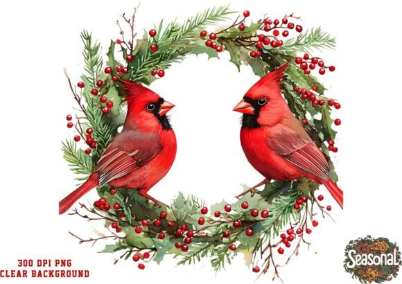 Festive Red Birds Wreath Clipart for Illustrations