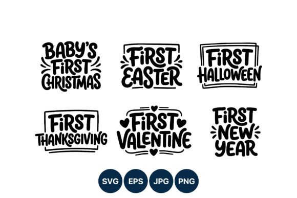 First Holiday Handwritten Phrase Set Illustrations