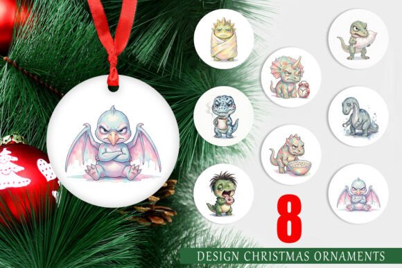 Grumpy Monday Watercolor Dino Ornament & Illustrations