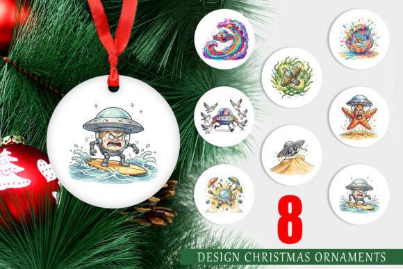 UFO Surf Beach Watercolor Ornament Illustrations